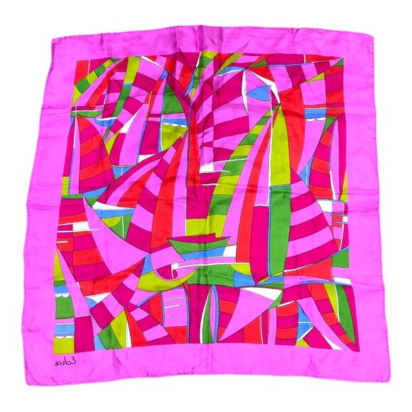 Vibrant Echo Geometric Abstract Silk Square Scarf Accessory Hot Pink Fuschia - Picture 4 of 5